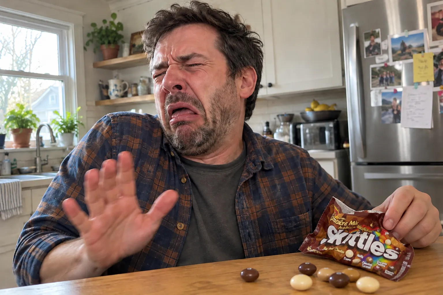 A man grimacing after tasting Chocolate Skittles, with the opened bag resting on the kitchen counter
