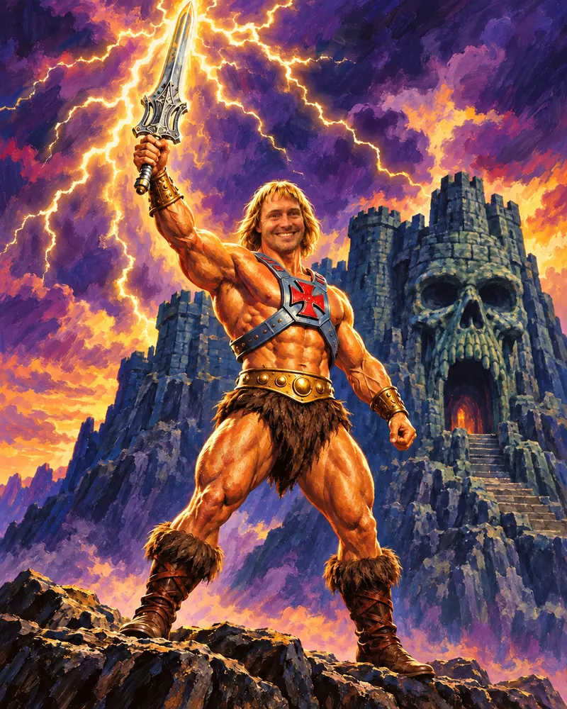 A painted illustration of Wes as He-Man raising his sword before Castle Grayskull